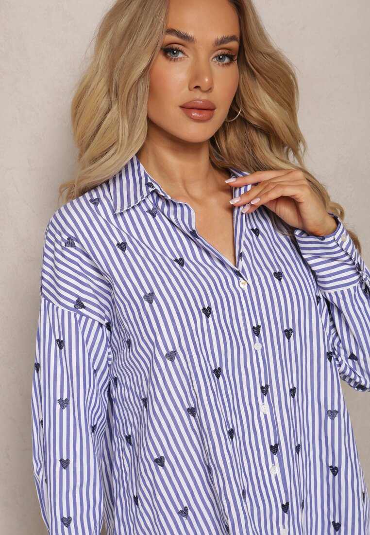 Cămașă Bleumarin din Bumbac cu Model în Dungi Subțiri și Inimi Vatille