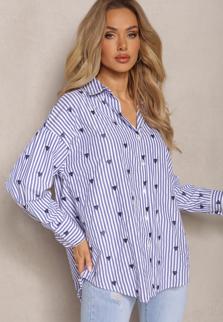 Cămașă Bleumarin din Bumbac cu Model în Dungi Subțiri și Inimi Vatille