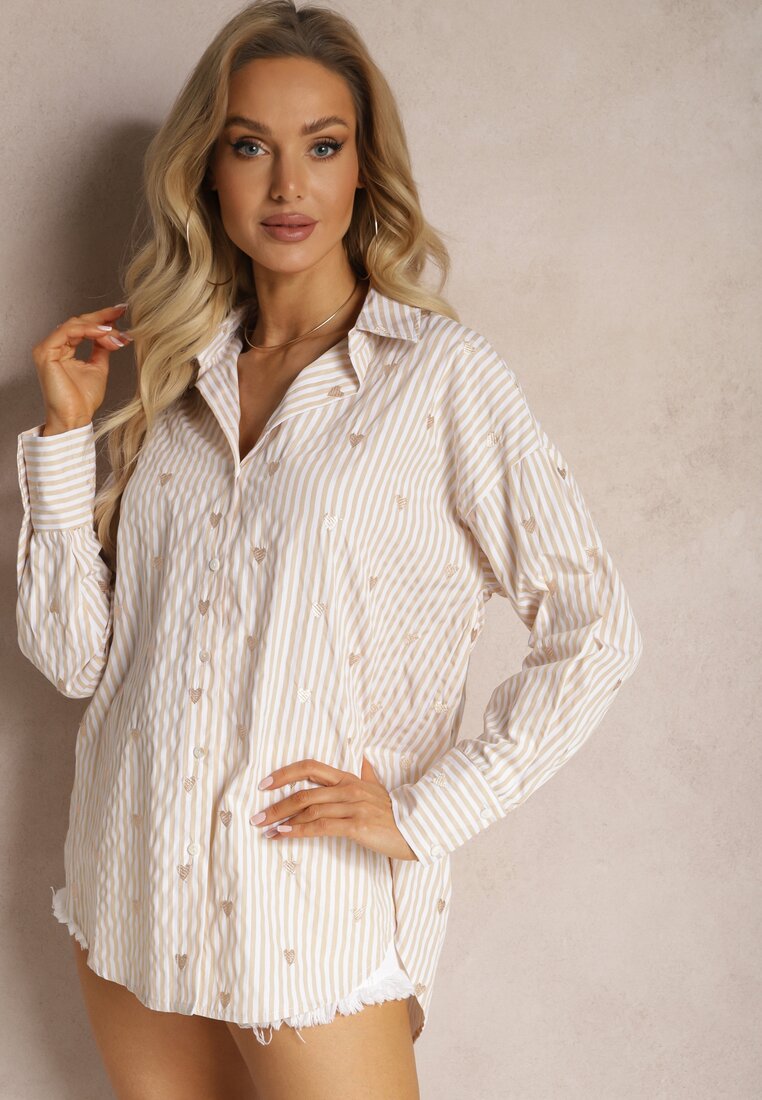 Camasa Bej Deschis din Bumbac cu Model in Dungi Subtiri si Inimioare Vatille