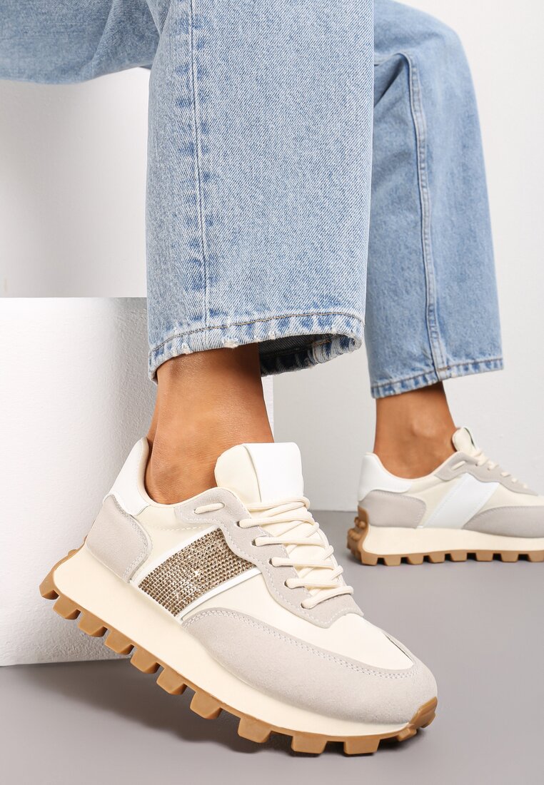 Sneakerși Bej cu Talpă Groasă și Aplicatie cu Paiete Thesalia