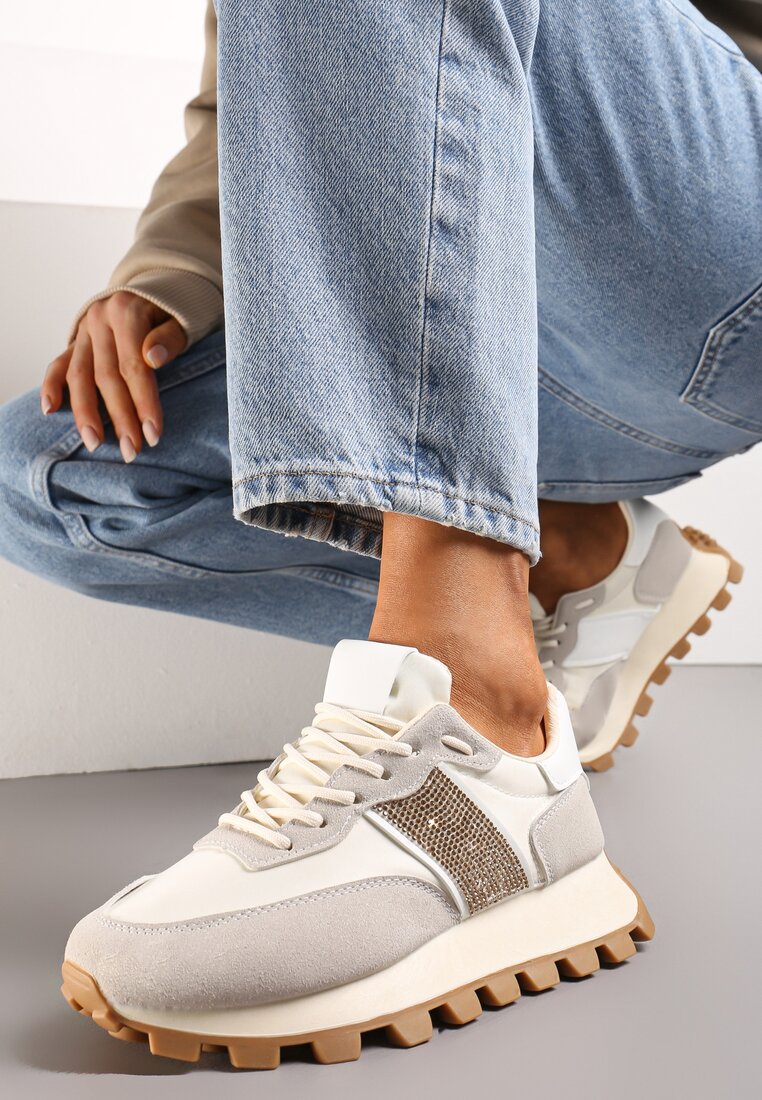 Sneakerși Bej cu Talpă Groasă și Aplicatie cu Paiete Thesalia