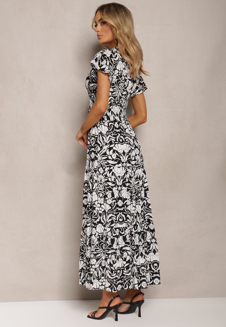 Czarno-Biała Maxi Sukienka Rozkloszowana z Kopertowym Dekoltem w Kwiatowy Wzór Leivori