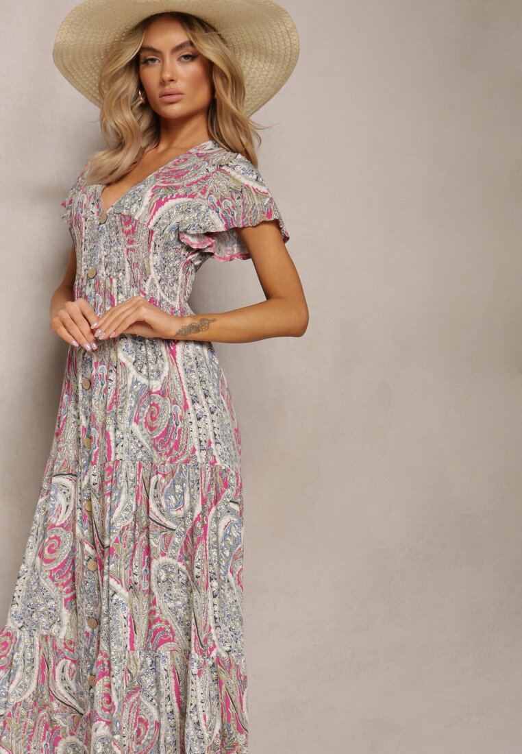 Różowo-Beżowa Rozkloszowana Sukienka Maxi na Guziki Ozdobiona Etnicznym Wzorem Kleriala