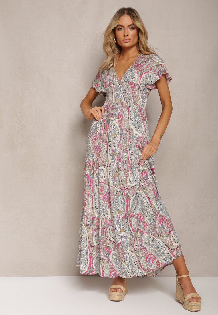 Różowo-Beżowa Rozkloszowana Sukienka Maxi na Guziki Ozdobiona Etnicznym Wzorem Kleriala