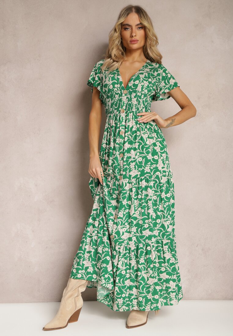 Zielona Sukienka z Gumką w Pasie w Kwiatowy Wzór z Ozdobnymi Guzikami Ellsa
