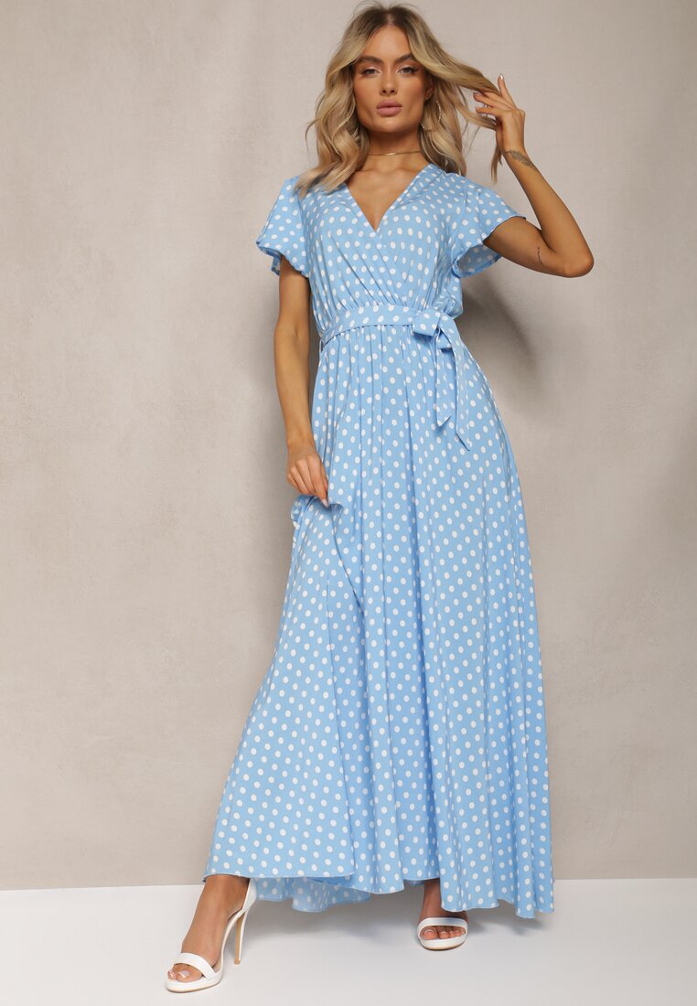 Niebieska Sukienka Maxi w Kropki z Plisowanym Dołem i Trójkątnym Dekoltem Florieas