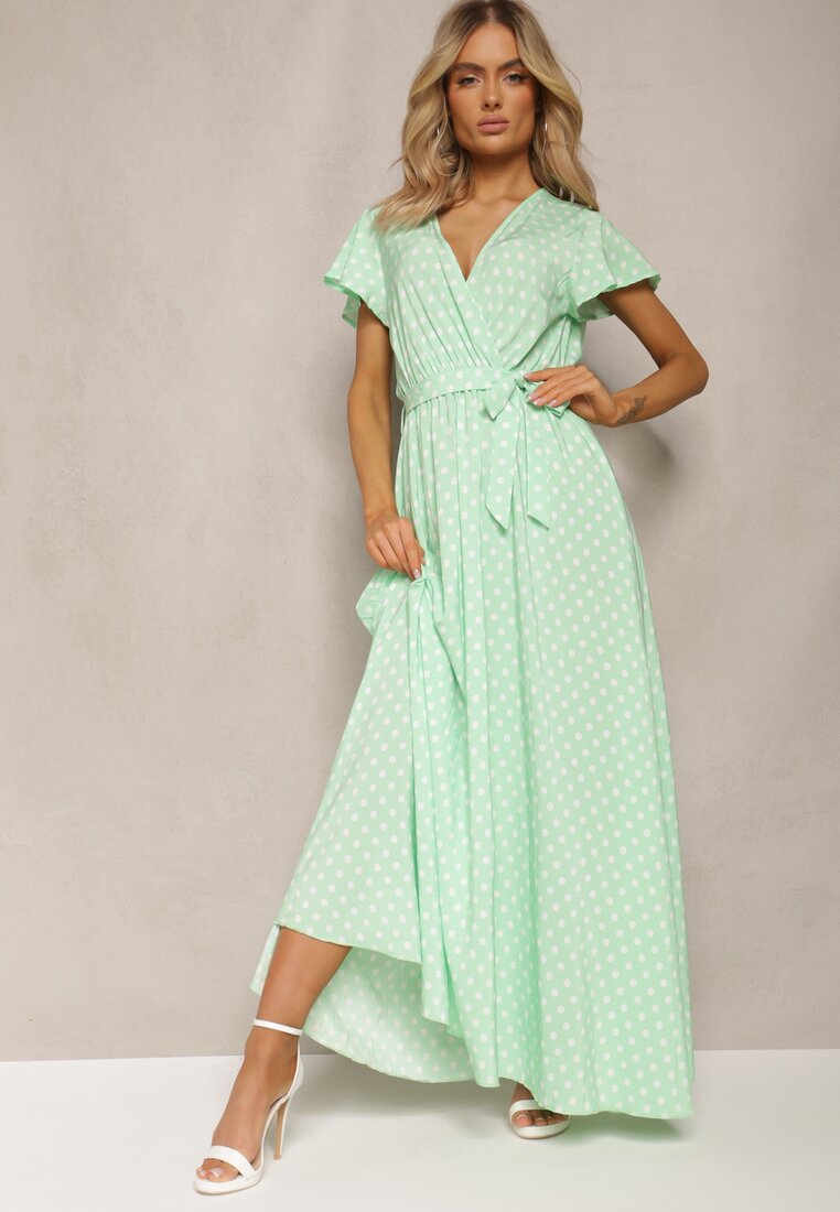 Zielona Sukienka Maxi w Kropki z Plisowanym Dołem i Trójkątnym Dekoltem Florieas