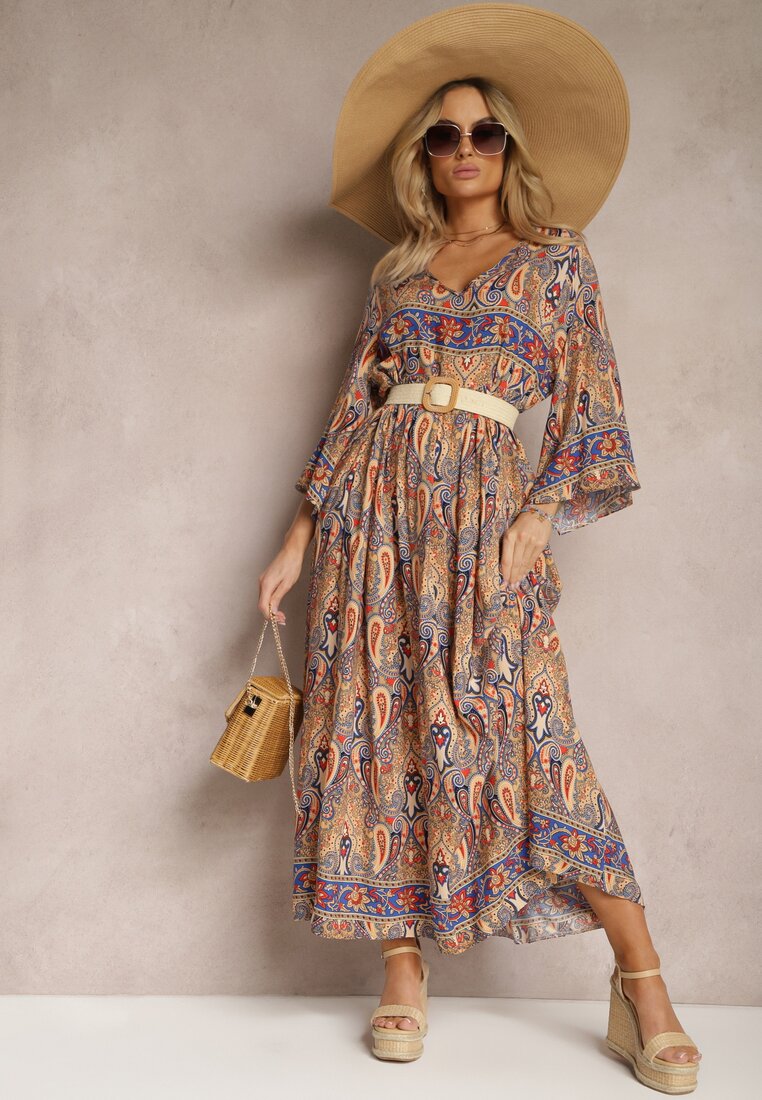 Beżowo-Granatowa Oversizowa Sukienka Maxi z Ozdobnym Wzorem Paisley Amaertia