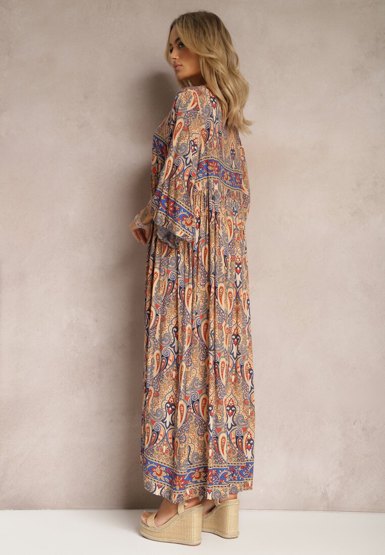 Beżowo-Granatowa Oversizowa Sukienka Maxi z Ozdobnym Wzorem Paisley Amaertia