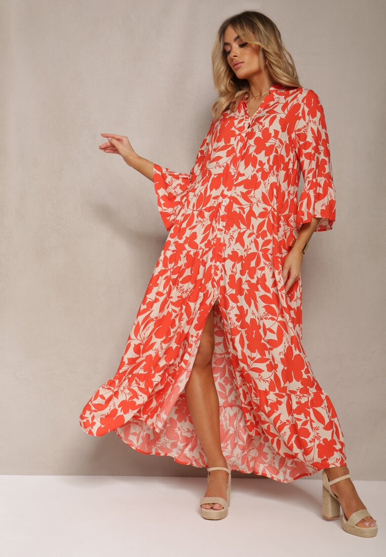 Czerwona Rozkloszowana Sukienka Maxi na Guziki z Abstrakcyjnym Wzorem Uvellia