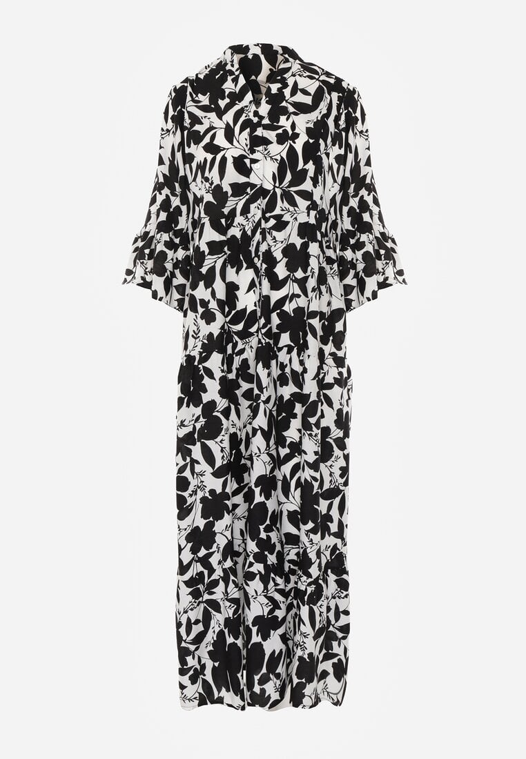 Rochie Neagră și Albă Cloș Maxi cu Nasturi și Imprimeu Abstract Uvellia