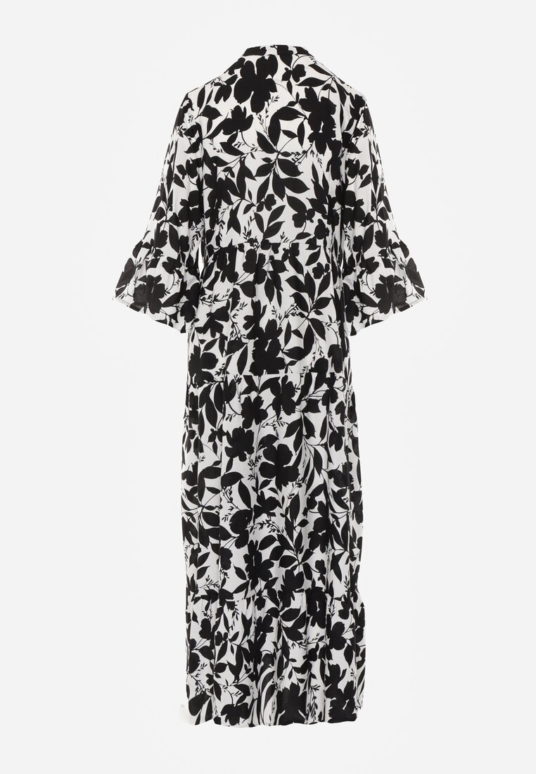 Rochie Neagră și Albă Cloș Maxi cu Nasturi și Imprimeu Abstract Uvellia