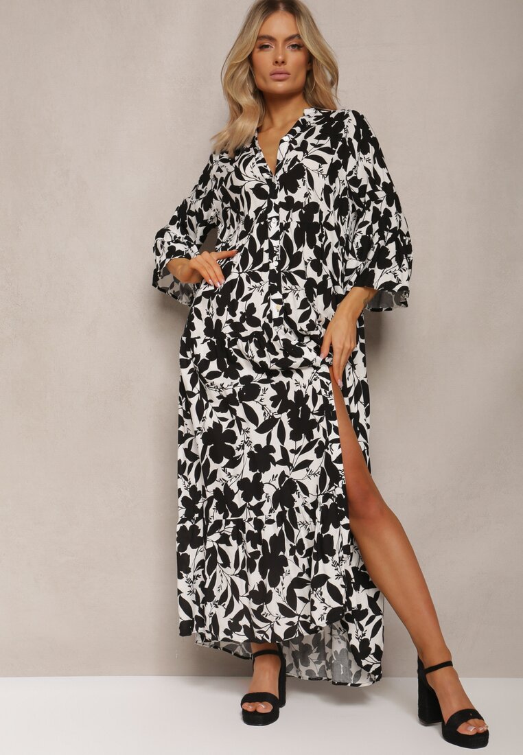 Czarno-Biała Rozkloszowana Sukienka Maxi na Guziki z Abstrakcyjnym Wzorem Uvellia