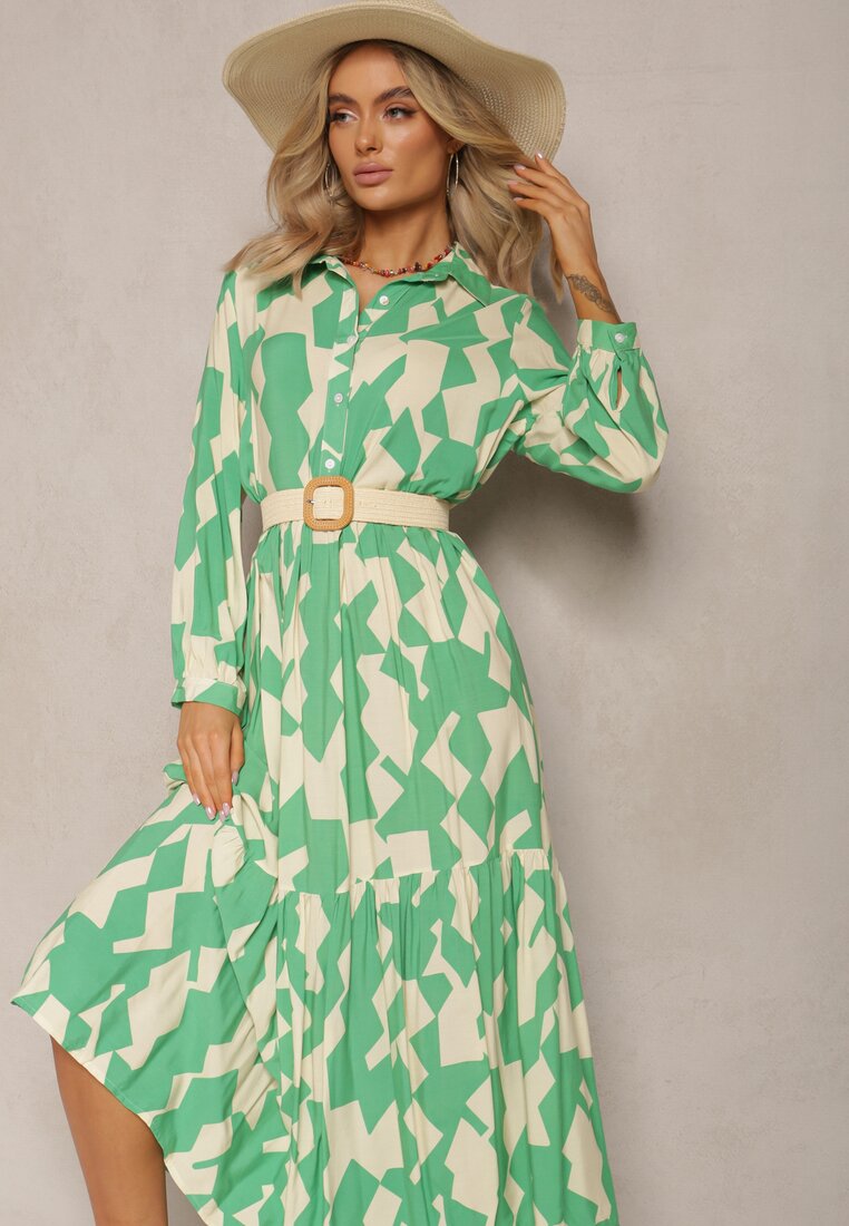 Zielono-Beżowa Koszulowa Sukienka Maxi w Geometryczny Wzór Qerida