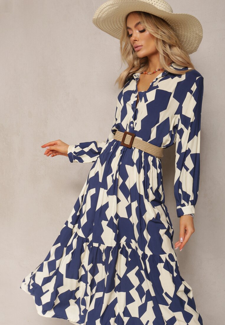 Beżowo-Granatowa Sukienka Maxi w Geometryczny Wzór Qerida