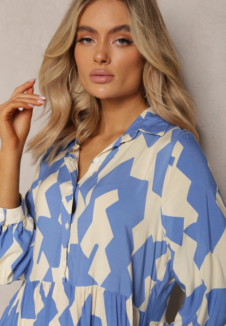 Niebiesko-Beżowa Koszulowa Sukienka Maxi w Geometryczny Wzór Qerida