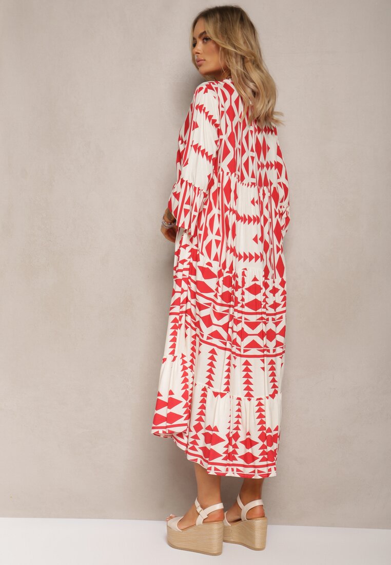 Czerwono-Biała Rozkloszowana Sukienka Midi w Geometryczny Wzór Ozdobiona Falbankami Mefdia