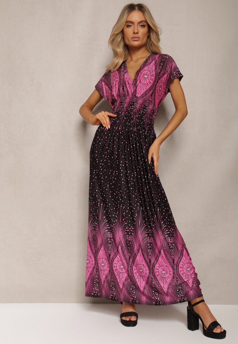 Różowo-Czarna Wiskozowa Sukienka z Koperowym Dekoltem Maxi Sllvana