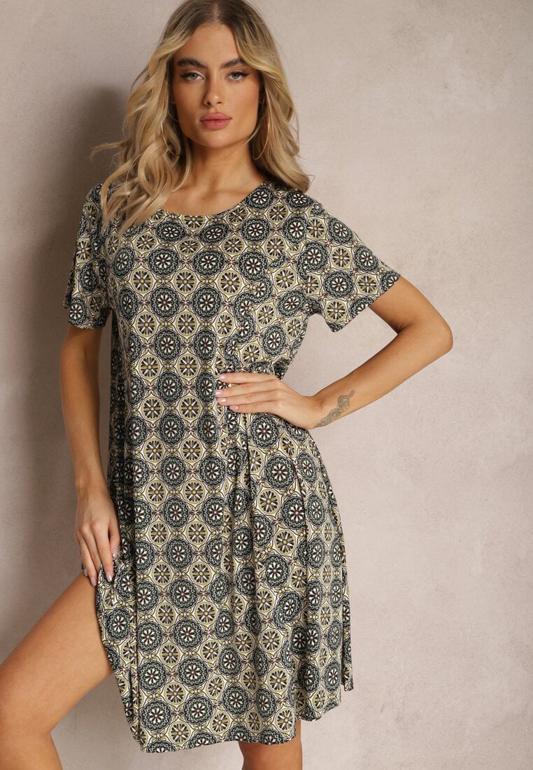 Rochie midi verde-bleumarin cu model mozaic din viscoză cu croi evazat Vechaina