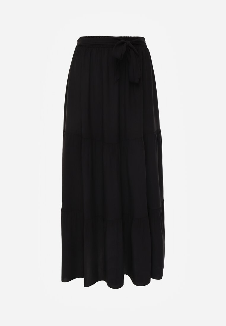 Czarna Rozkloszowana Spódnica Maxi z Wiskozy z Materiałowymi Paskami Wintelis