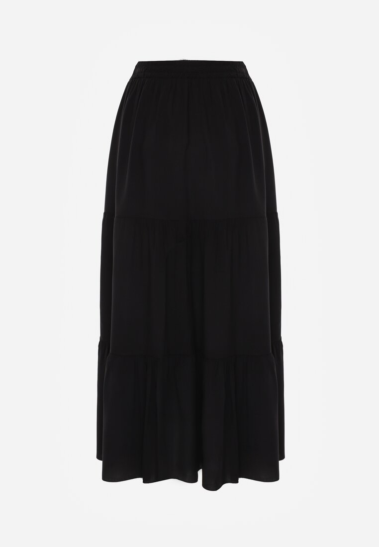 Czarna Rozkloszowana Spódnica Maxi z Wiskozy z Materiałowymi Paskami Wintelis