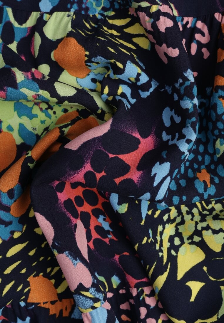 Granatowa Spódnica z Wiskozy z Gumką w Pasie Ozdobiona Abstrakcyjnym Printem Bimella