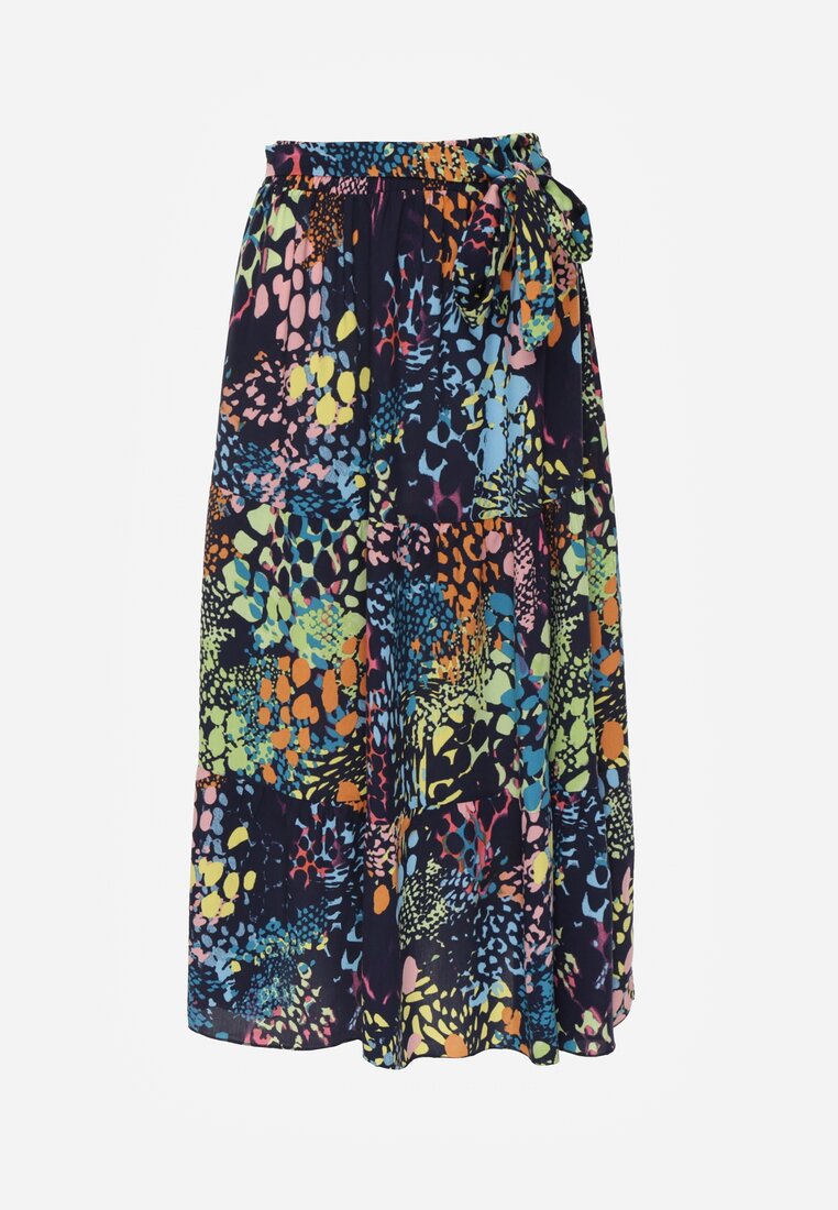 Granatowa Spódnica z Wiskozy z Gumką w Pasie Ozdobiona Abstrakcyjnym Printem Bimella