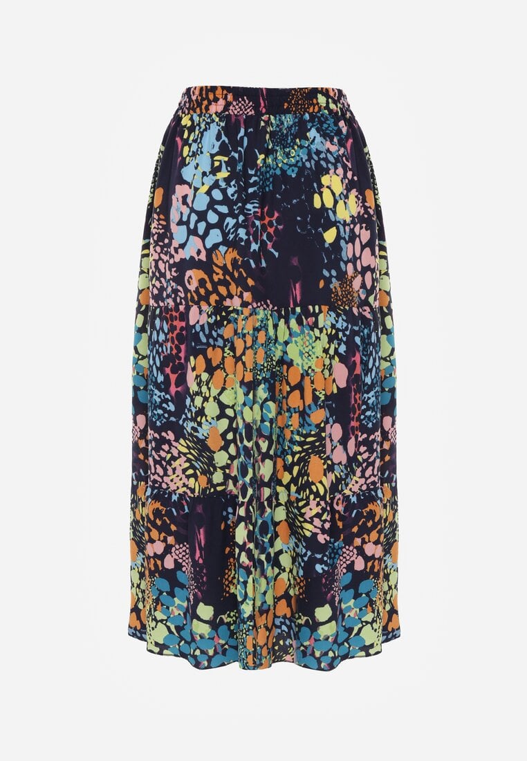 Granatowa Spódnica z Wiskozy z Gumką w Pasie Ozdobiona Abstrakcyjnym Printem Bimella