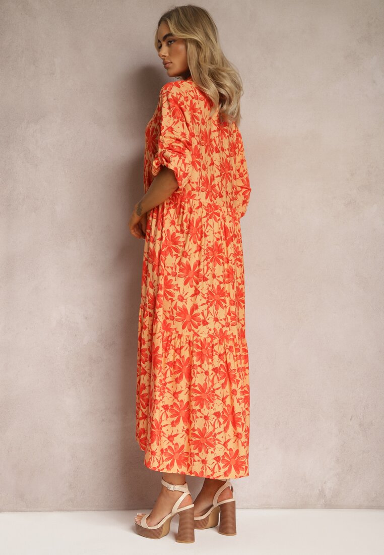 Pomarańczowa Rozkoszowana Sukienka z Koszulową Górą i Wzorem w Kwiaty Nealavin