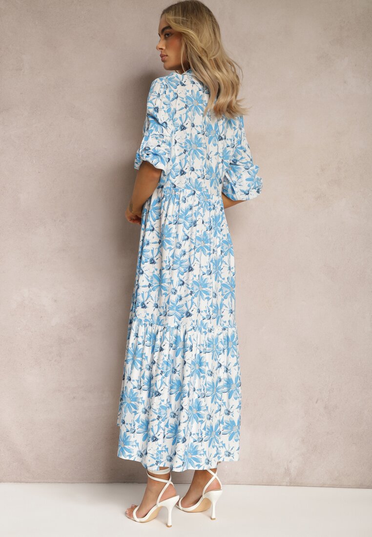 Biało-Niebieska Rozkoszowana Sukienka z Koszulową Górą i Wzorem w Kwiaty Nealavin