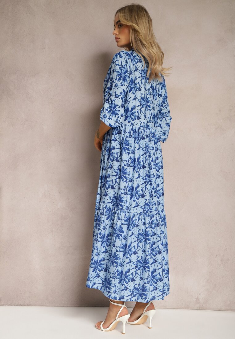 Niebiesko-Granatowa Rozkoszowana Sukienka z Koszulową Górą i Wzorem w Kwiaty Nealavin