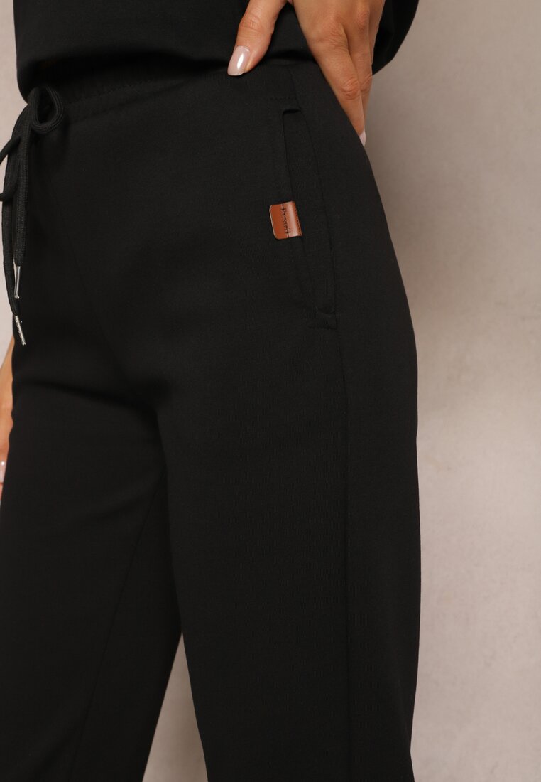 Czarne Dresowe Spodnie z Bawełny z Kieszeniami High Waist Faerida