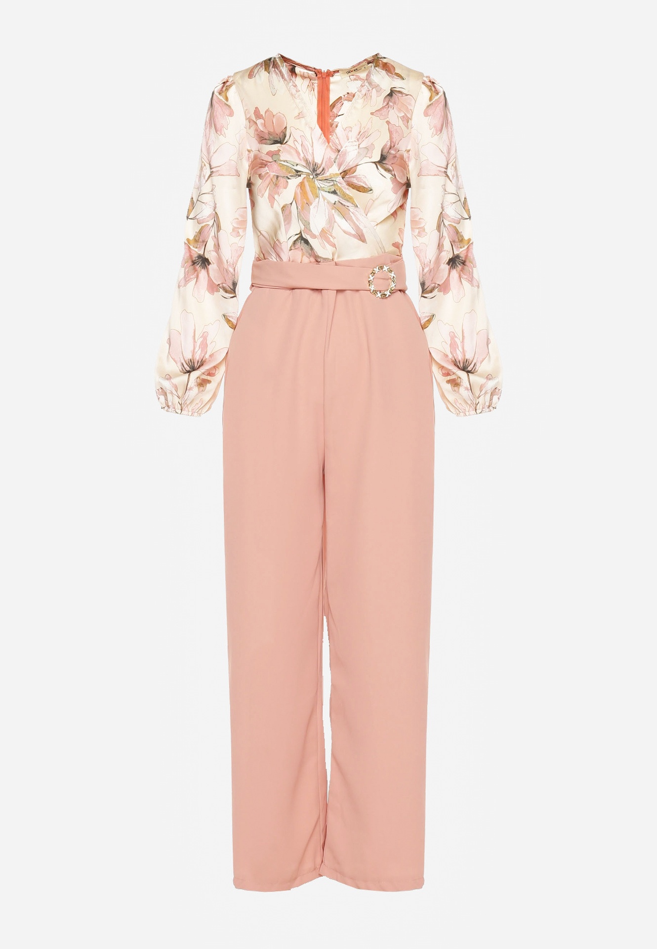 Salopetă florală roz cu decolteu în V, curea și pantaloni largi Vinia