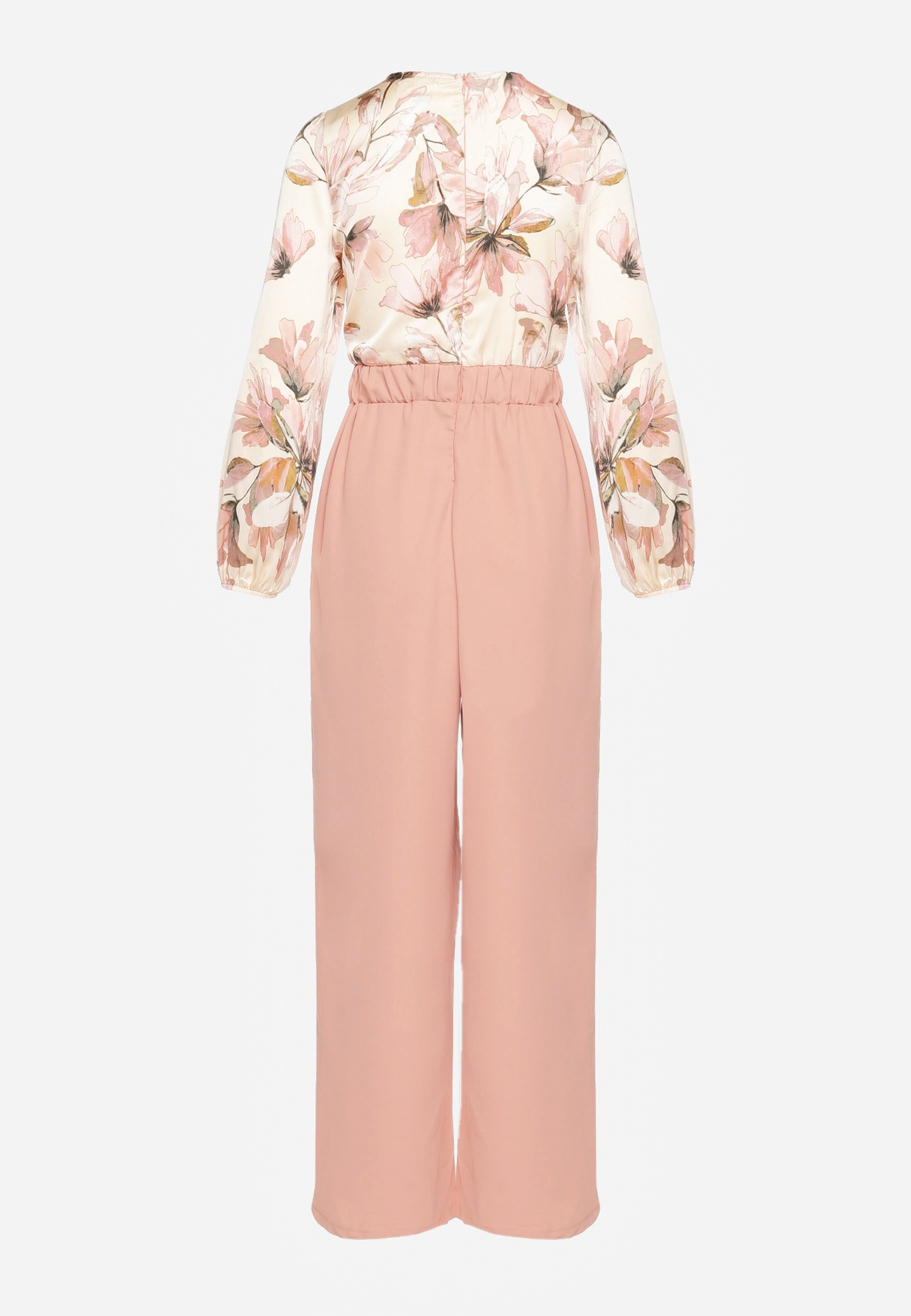 Salopetă florală roz cu decolteu în V, curea și pantaloni largi Vinia