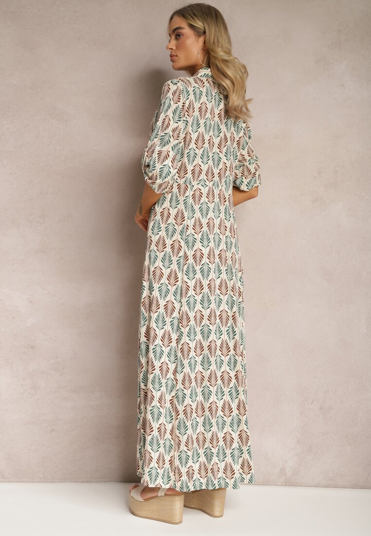 Beżowa Wiskozowa Sukienka Maxi w Liście o Rozkloszowanym Fasonie z Paskiem Pelitra