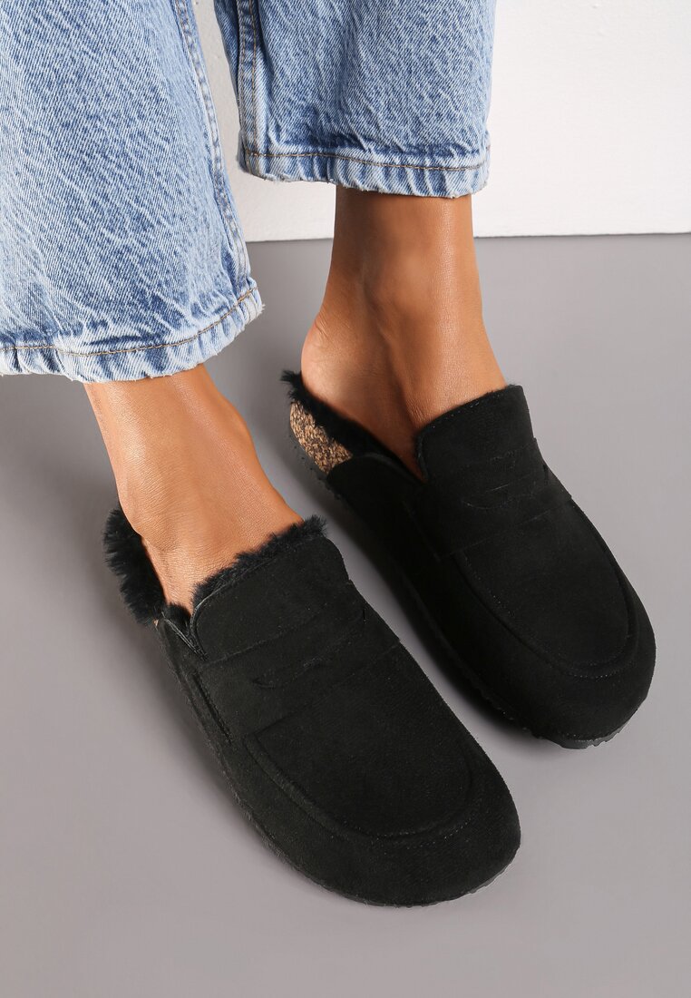 Papuci Negre din Imitatie de Camosu pe Talpa de Plută cu Blană și Cusături Sileath