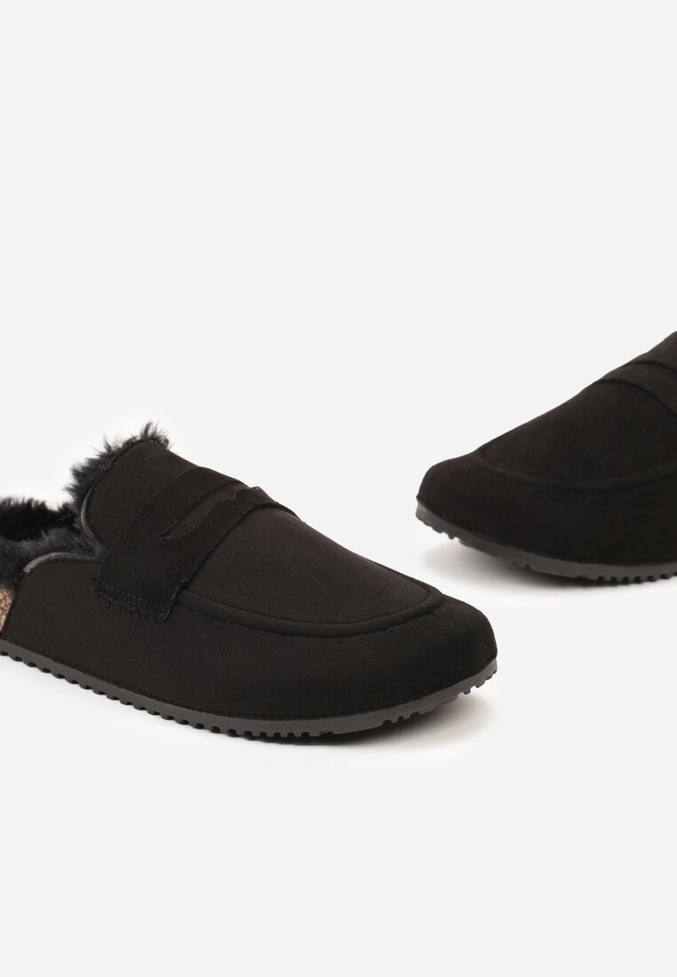 Papuci Negre din Imitatie de Camosu pe Talpa de Plută cu Blană și Cusături Sileath