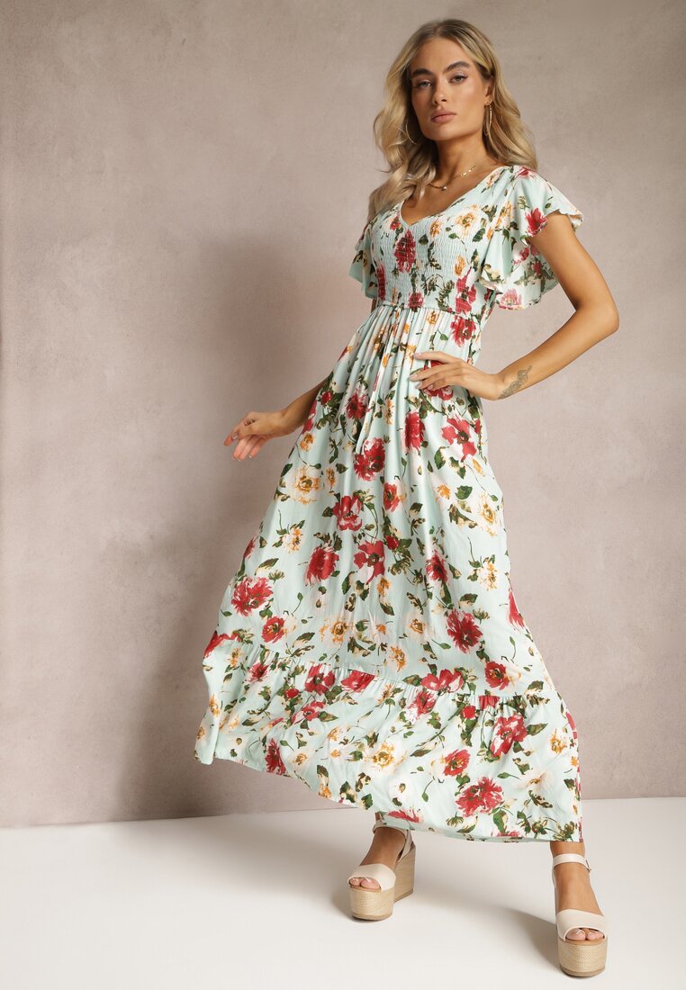 Jasnozielona Wiskozowa Sukienka w Kwiatowy Print Rozkloszowana Maxi Veradisia