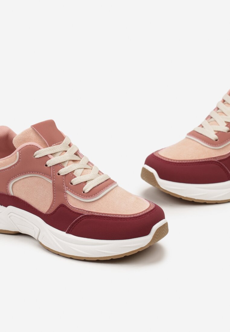 Różowo-Bordowe Sznurowane Sneakersy Ozdobione Metaliczną Wstawką Kizria