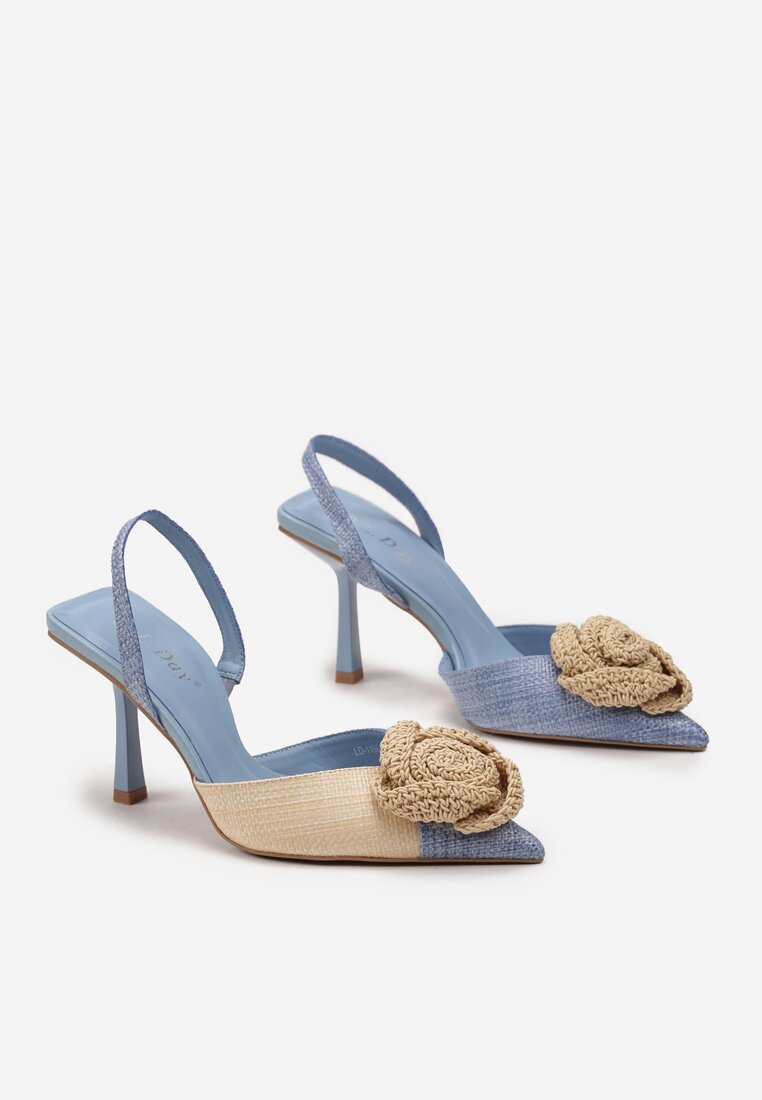 Niebieskie Wsuwane Sandały na Niskiej Szpilce z Aplikacją 3D Kwiatkiem Salthe
