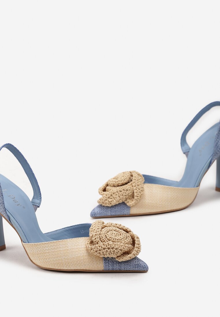 Niebieskie Wsuwane Sandały na Niskiej Szpilce z Aplikacją 3D Kwiatkiem Salthe