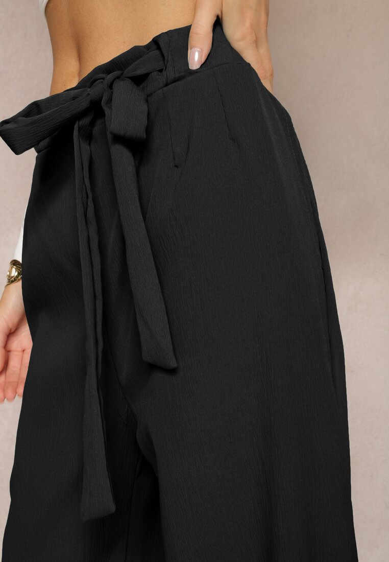 Czarne Szerokie Spodnie z Materiałowym Paskiem w Typie Paper Bag Lasette