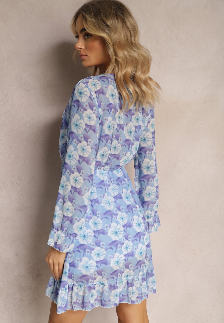Rochie Albastră Scurtă Imprimeu Floral Decolteu V Icarba