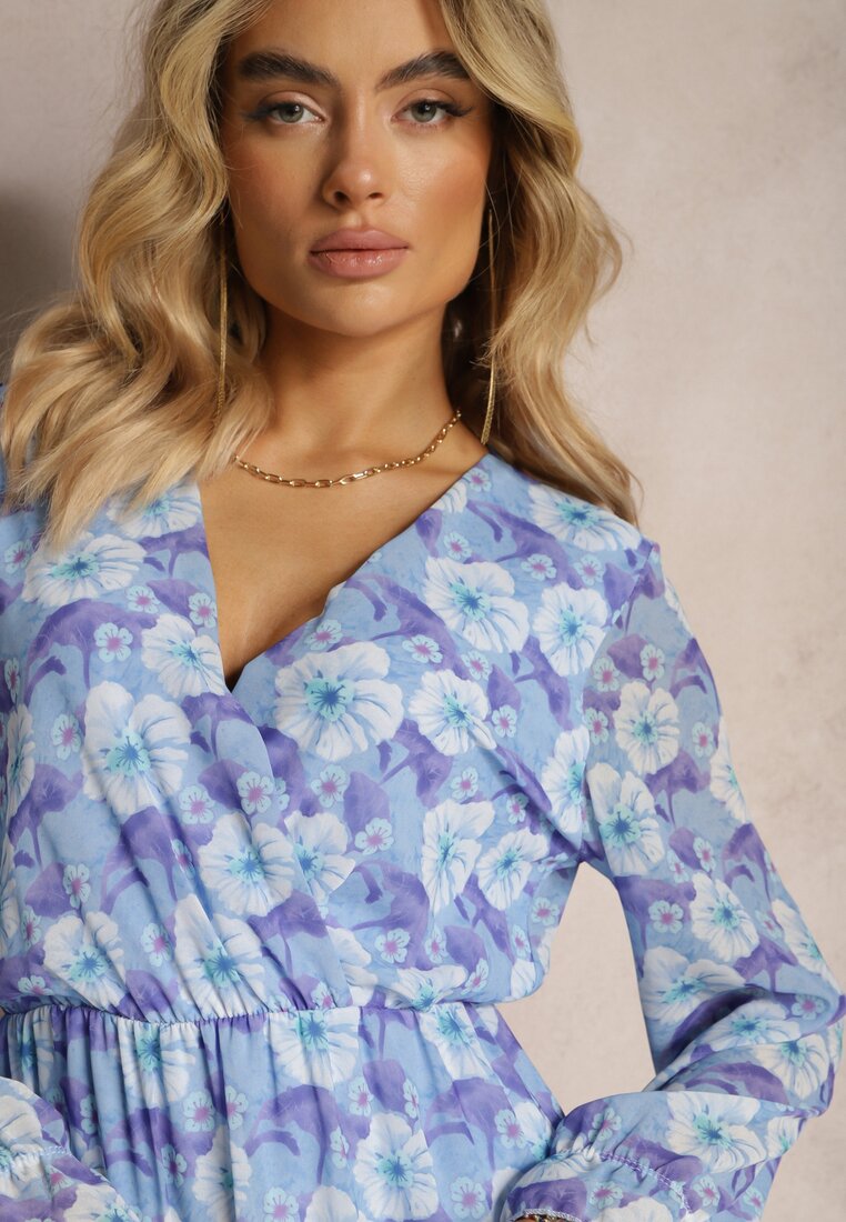 Rochie Albastră Scurtă Imprimeu Floral Decolteu V Icarba