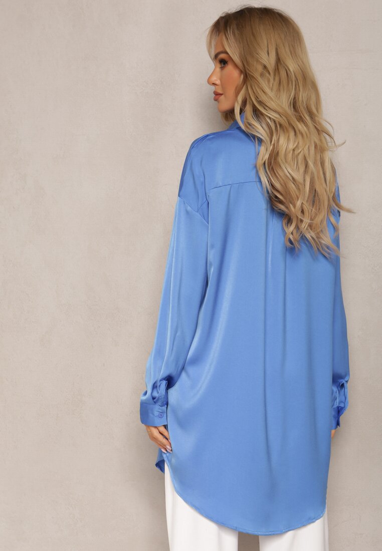 Niebieska Gładka Koszula Sukienka Mini na Guziki Daphrae