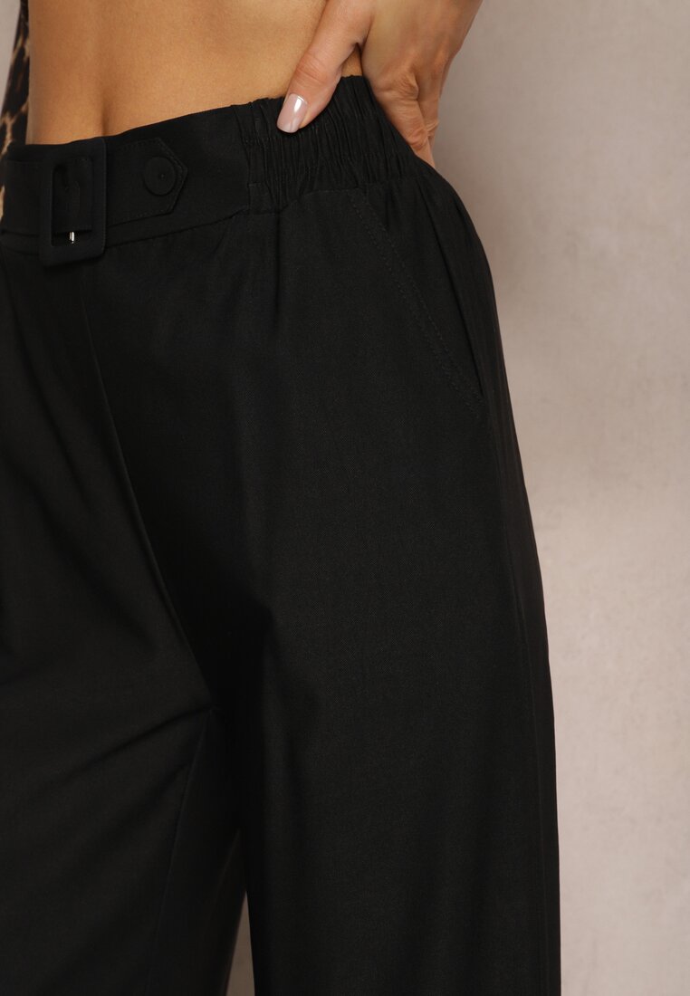 Czarne Spodnie Szerokie w Stylu Paper Bag z Materiałowym Paskiem Xennia