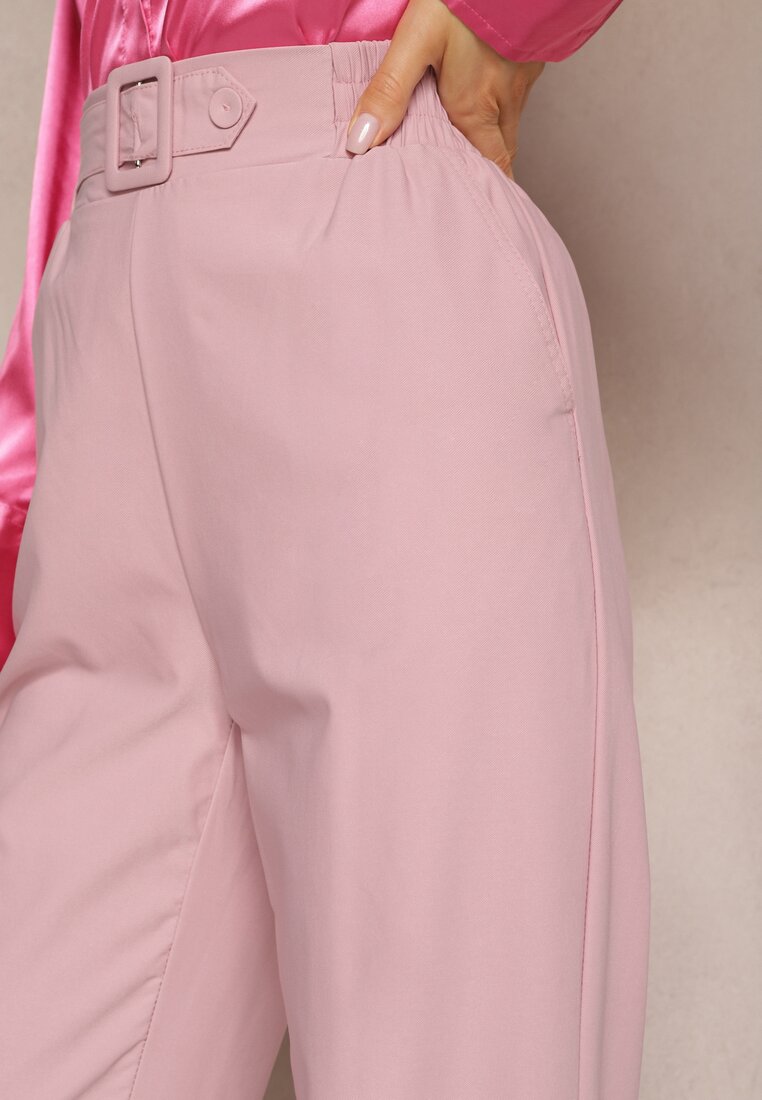Różowe Spodnie Szerokie w Stylu Paper Bag z Materiałowym Paskiem Xennia