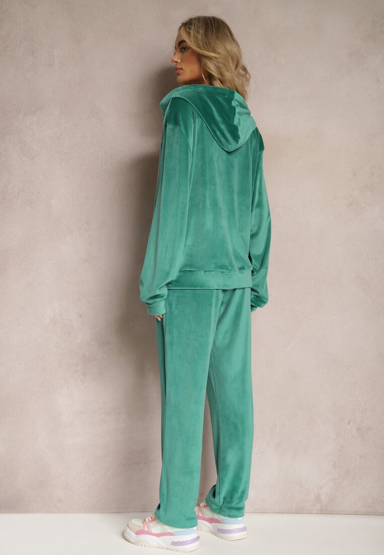 Zielony Welurowy Komplet Dresowy Zasuwana Bluza z Kapturem i Szerokie Spodnie Belphobe