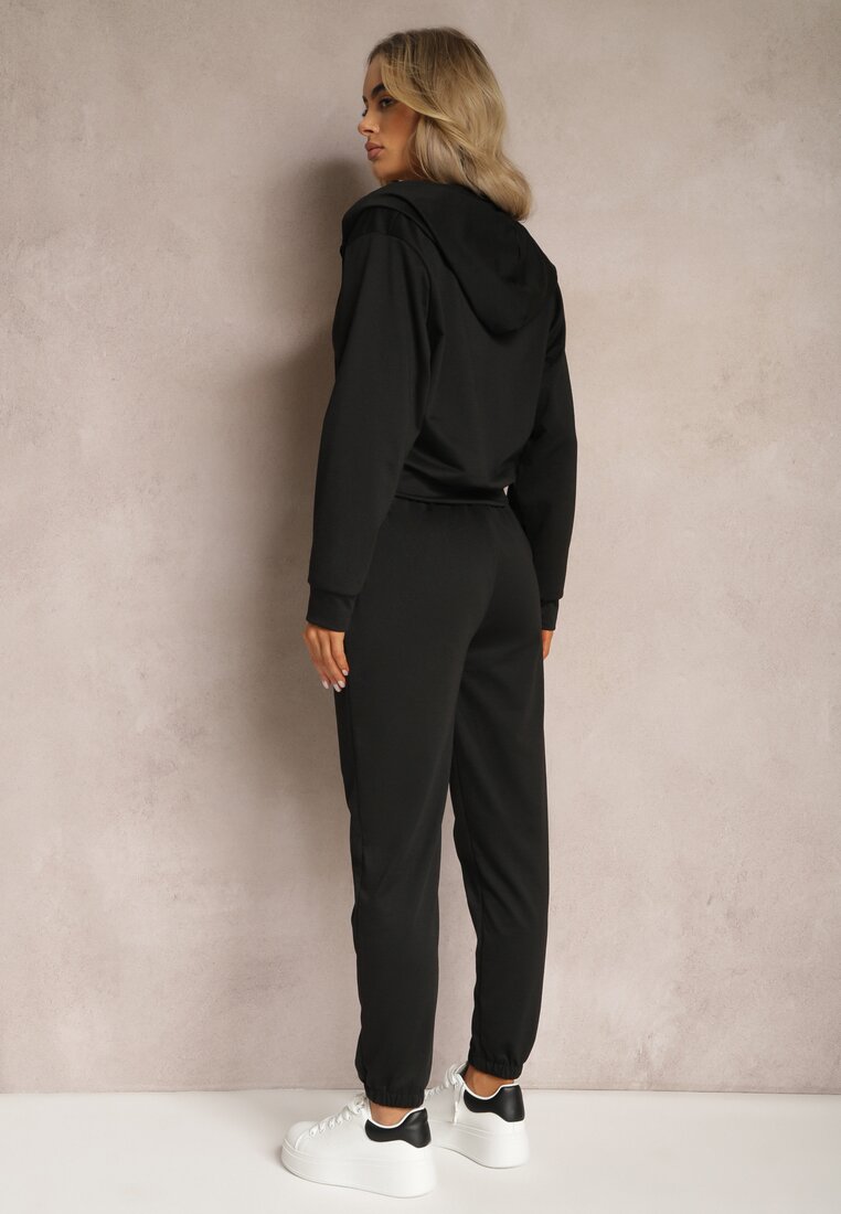 Czarny Komplet Dresowy 2 Częściowy Luźne Spodnie i Bluza z Kapturem Fivana