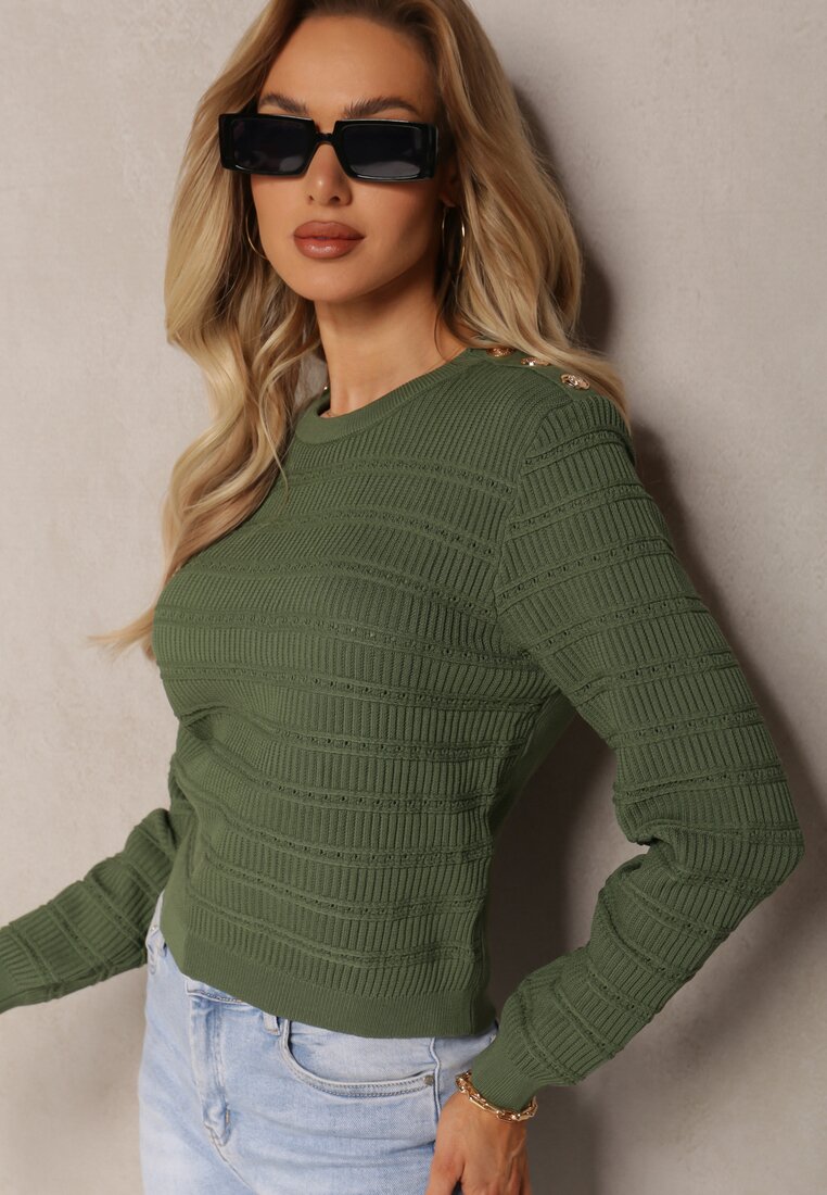 Zielony Klasyczny Sweter z Ozdobnymi Napami Vakatora